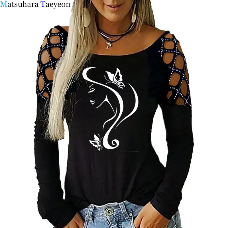 Fashion T Shirt women style Beauty Salon Girl Face with Butterfly print cotton Long Sleeve T-shirt women Hollow Out Shoulder