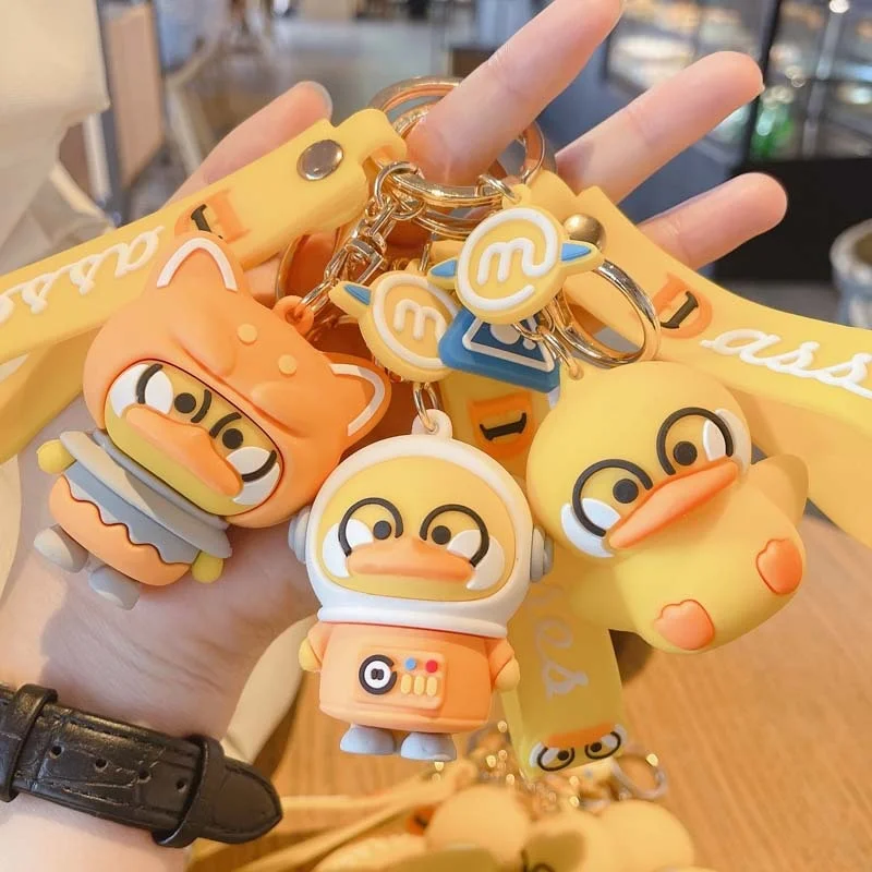 New Creative Cartoon Space Duck Metal Keychain Yellow Little Doll Car Keyring Bag Couple Pendant Soft Lanyard Gift Supply