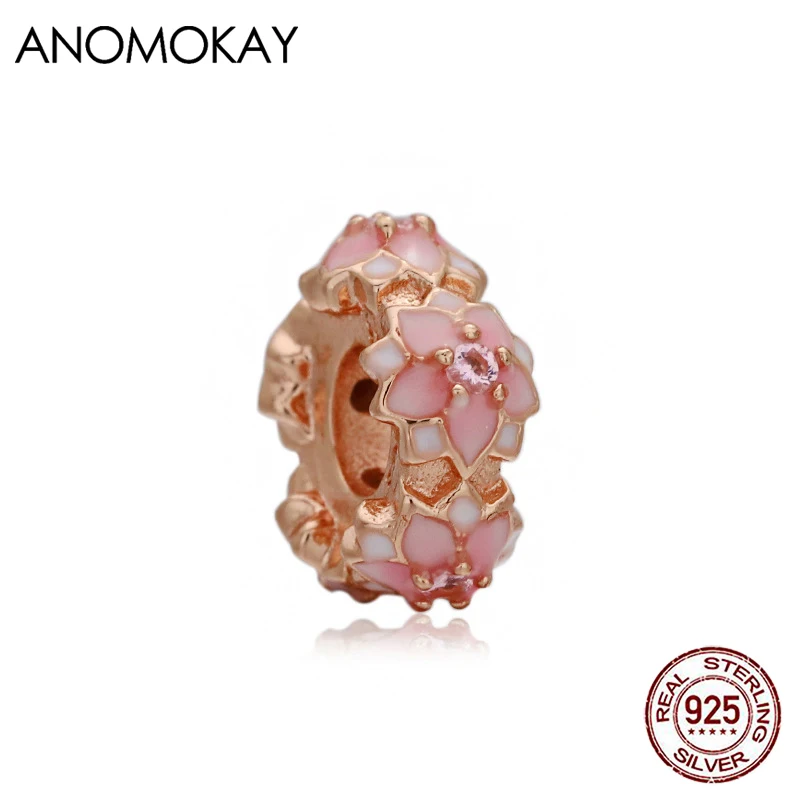 

Anomokay Romantic Pink & White Enamel Cherry Blossom Charm fit Bracelet Bangle Rose Gold Color Big Hole Flower Beads for DIY