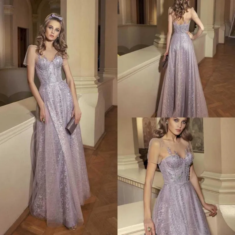 2020 da Sera Abiti da O-Collo Maniche Corte in Pizzo Appliques Abiti Occasioni Speciali Backless di Lunghezza Del Pavimento Una Linea Vestito da Promenade