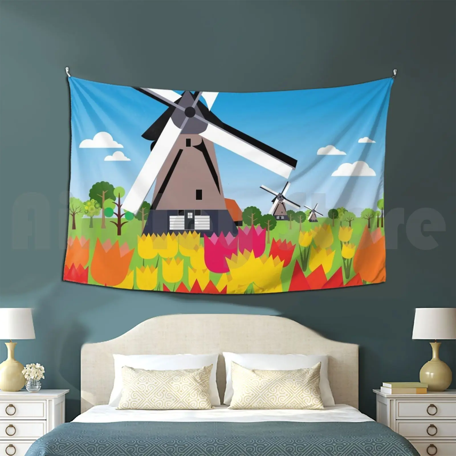 Tapestry Dutch Landscape 2796 Dutch Landscape Windmill Flour Tulips Water Fields