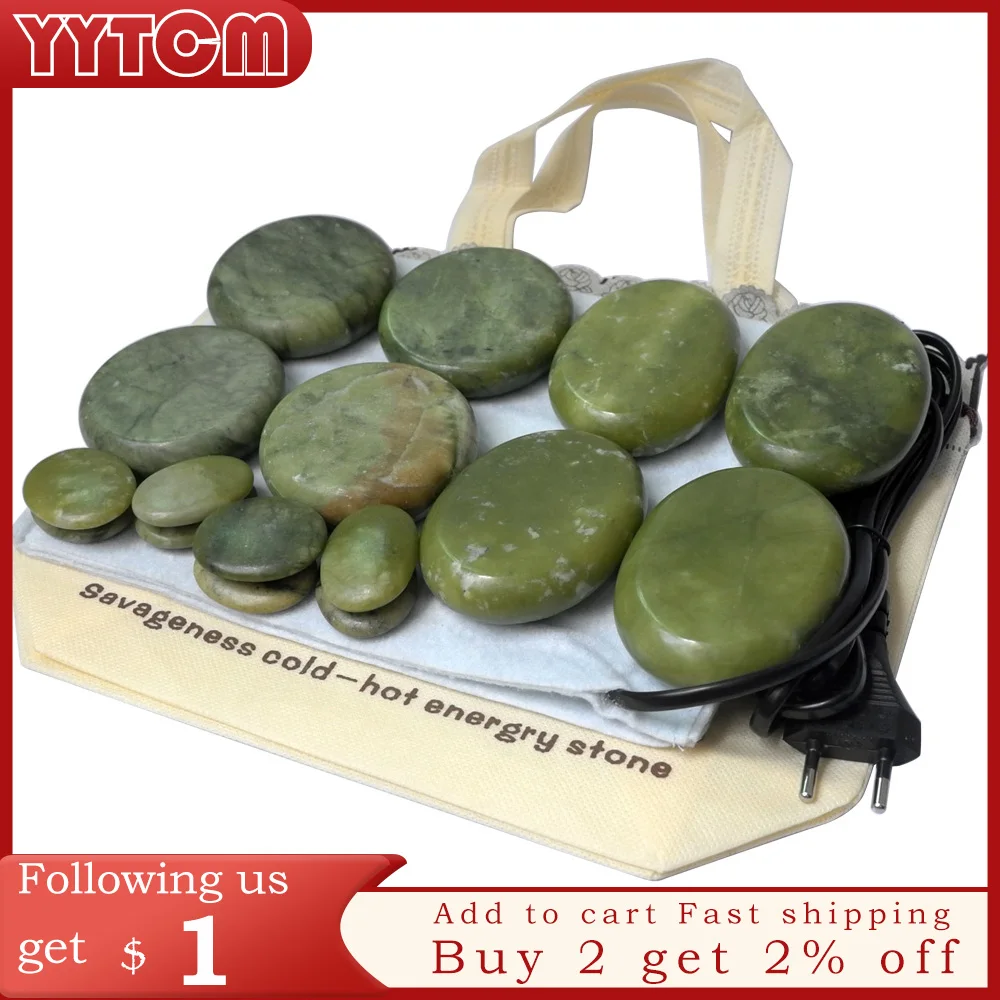 16pcs/set Natural Energy massage stone set hot spa rock green jade stone 16pcs with heater bag