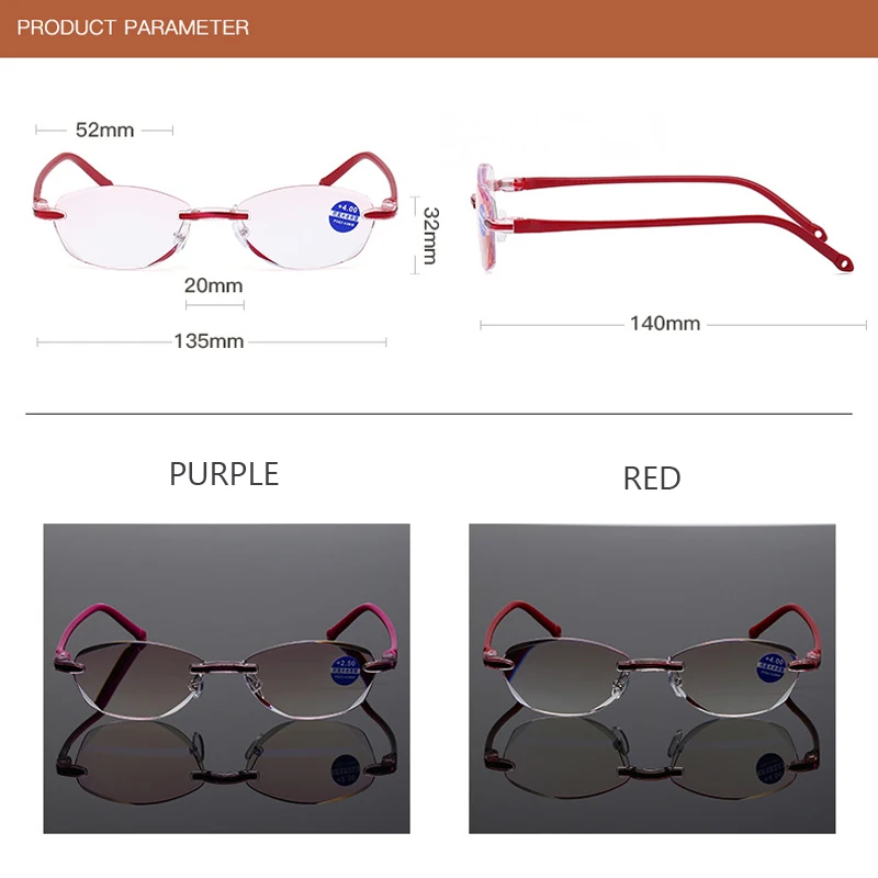 iboode Diopter +1.0 +1.5 +2.0 +2.5 +3.5 +4.0 Frameless Anti-blue Light Reading Glasses Women Ladies Presbyopia Eyewear Frames