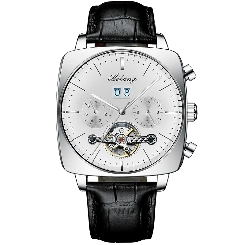 AILANG Mode Grün Große Zifferblatt Quadratische Mechanische Uhr für Männer Lederband Wasserdicht Tourbillon Uhren Herren Relogio Masculino 4