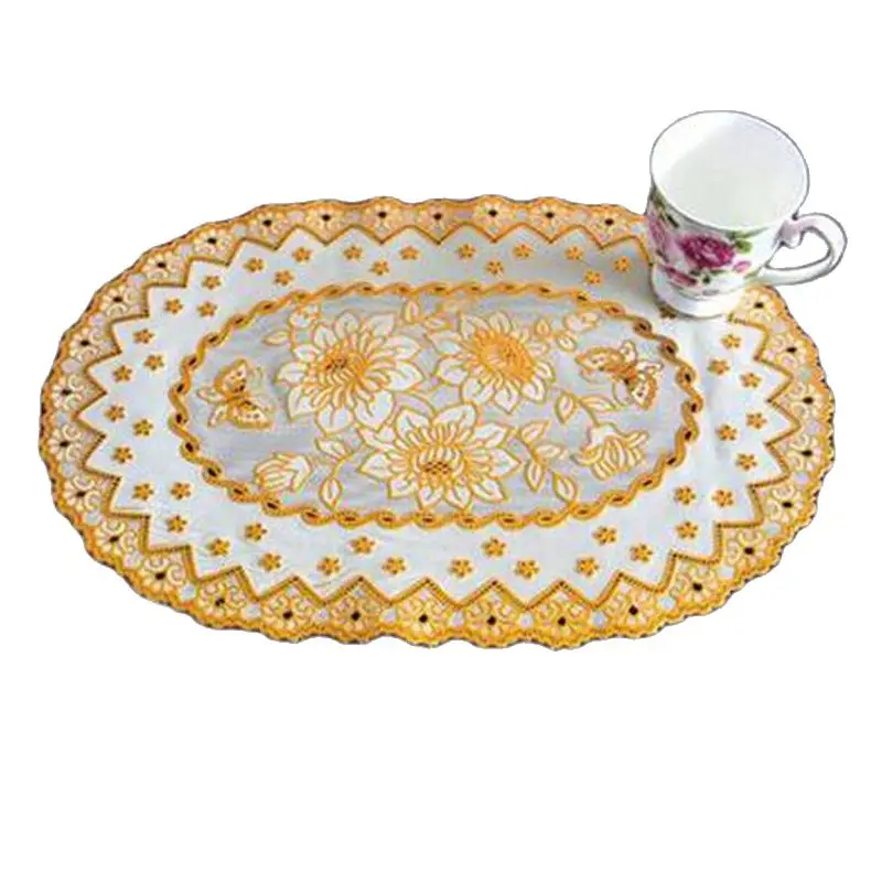 HOT Oval Lace PVC Gold Plastic Table Place Mat Pad Cloth Cup Wedding Dining Tea Coffee Coaster Placemat Mug Doily Drink Kitchen