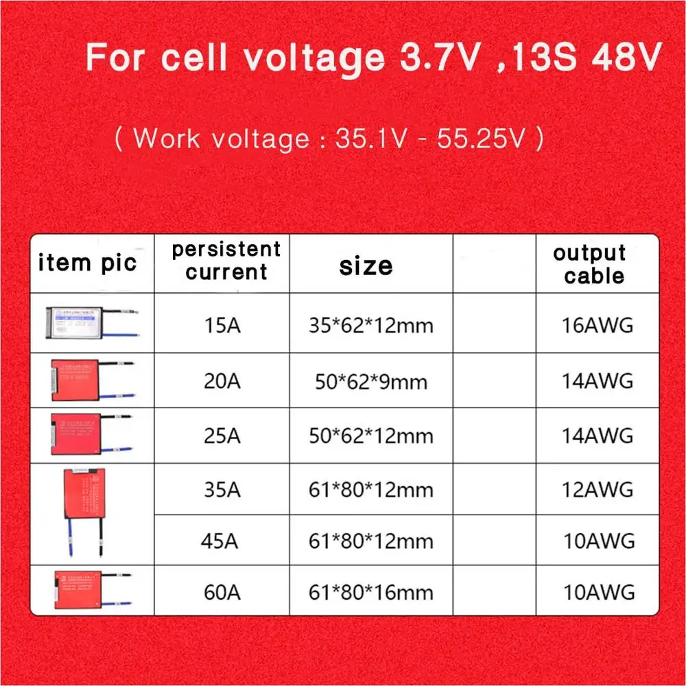 13S 48V 15A 20A 30A 40A 50A 60A Lithium Battery Polymer Battery Protection Board BMS Waterproof Protection Board with Balance