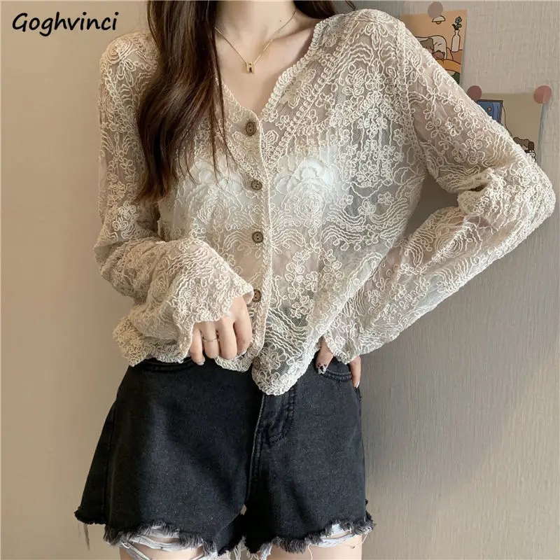 

Shirt Women Lace Summer Sun-proof Simple Sexy Female Clothing Sheer Tops Preppy V-Neck Casual Trendy Harajuku Basic Korean New