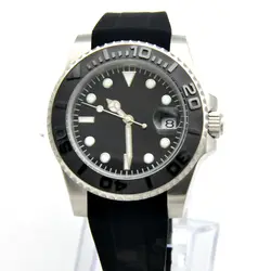 40mm Black No LOGO Dial Luminous Date Ceramic Ring Yacht Automatic Mechanical Watch Rubber Strap