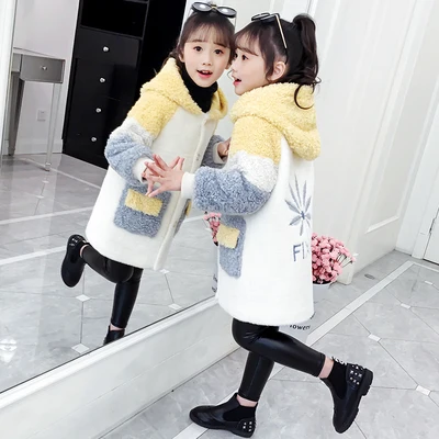 New Girls Wool Coat Fall Winter Children's Thickened Soft Mink Fur Hooded Outerwear Kids Cute Color Contrast Woolen Jacket P335