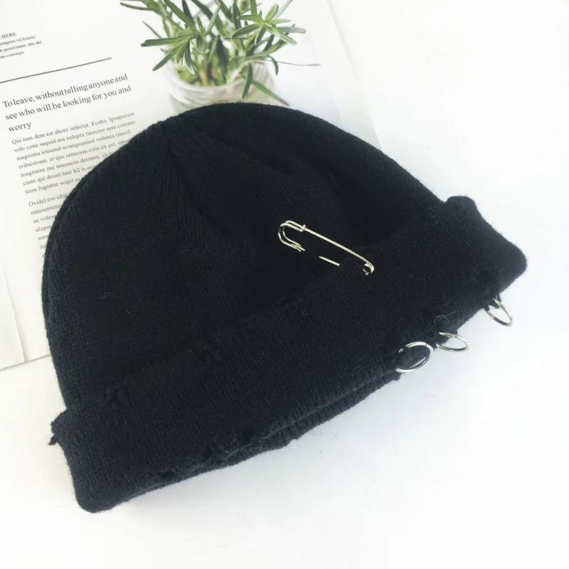 Newest women casual acrylic knitted beanies caps Winter men solid ring pin hip hop skullcap Ripped hats for ski