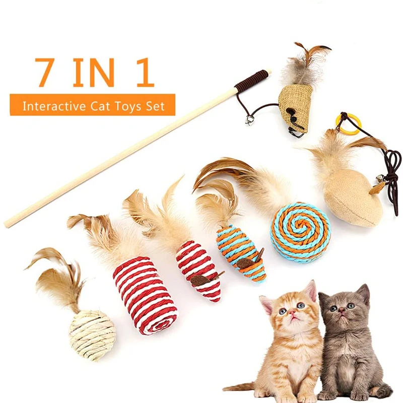 

7Pcs Cat Toy Feather Stick Straw Ball Cat Fishing Rod Game Wand Trailer Toys Interactive Mouse Kitten Toy Pet Teaser Toys Set