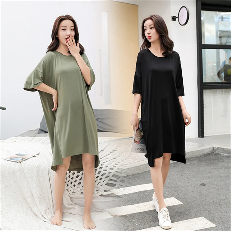 Modal nightdress short sleeve loose XL sexy female summer   pregnant women dress fat MM home service army green gecelik sexy