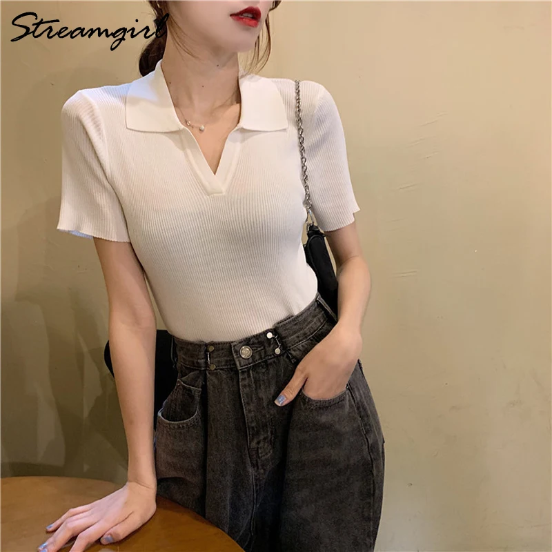 Streamgirl Polo Crop Top Women Summer 2021 Knitted Ice Silk T Shirt Short Sleeve Cropped Tshirts Women T-shirt Knitted Summer