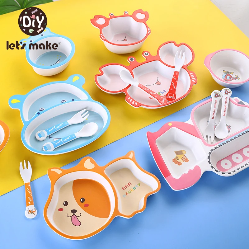 Let's Make 5 pcs/Set Baby Feeding Tableware Set Fiber Material Bowl Plate Cup Spoon Fork Set High Quality Tableware For Children