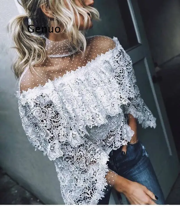 

Fashion Lace Crocheted Hollow Out Top Stand-up Collar White Blouse Woman Sweet Long Sleeve Shirts Blusas