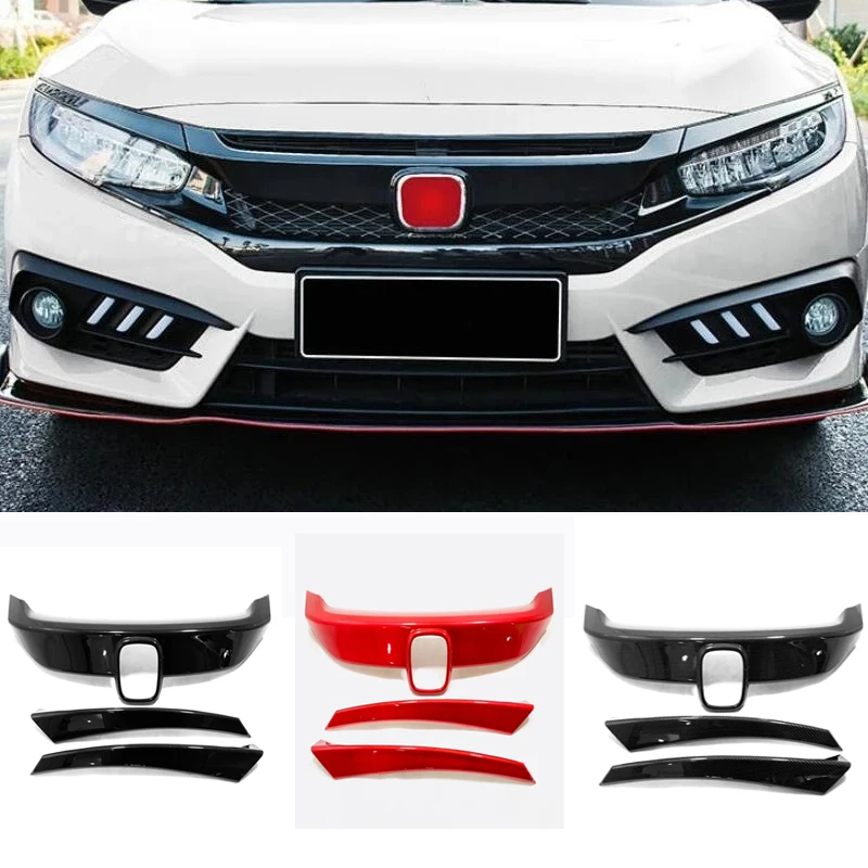 For Honda Civic 10TH  2019 Car Front Hood Bumper Lid Bonnet Grille Cover Trim Glossy Black red carbon fiber Front cover trim