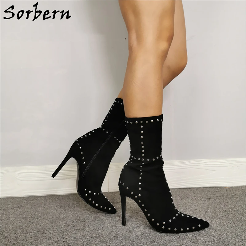 Sorbern Hot Rivets Ankle Boots For Women Pointed Toe High Heels Side Zipper Large Size Shoes 12 And 13 For Women