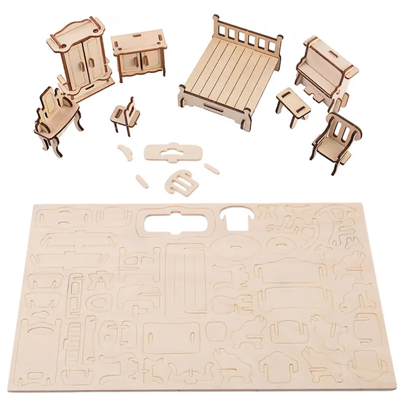 34PCS Set 3D Wooden Puzzle Toy 1:12 Mini Wooden Furniture 3D Building Model Doll House Accessories DIY Children Educational Toys