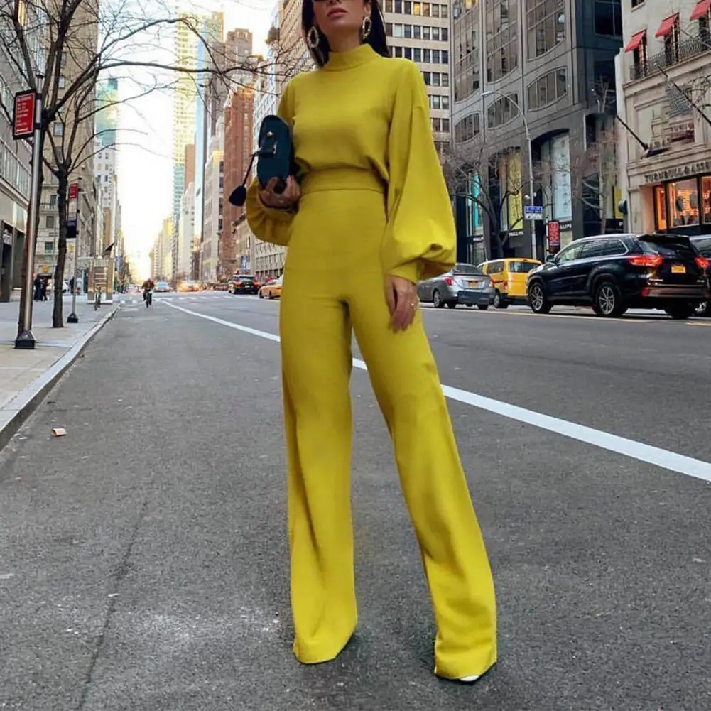 

Elegant Office Lady Jumpsuit Overalls Turtleneck Lantern Sleeve Autumn Solid Color Backless Straight Leg Jumpsuit for Women