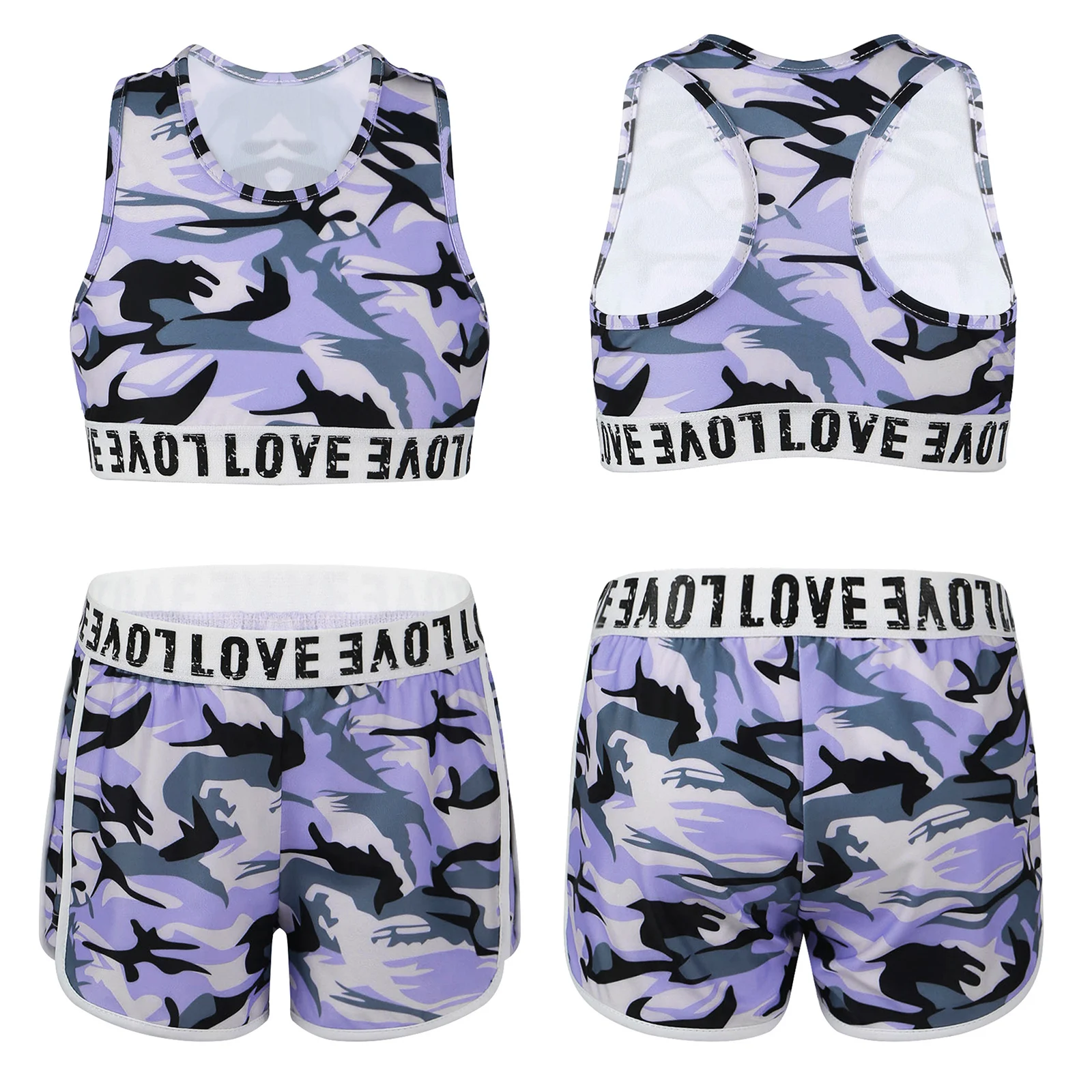 

Camouflage Kids Girls Tankini Activewear Outfit Sleeveless Crop Top with Bottoms Tracksuit Set for Gymnastics Workout Fitness