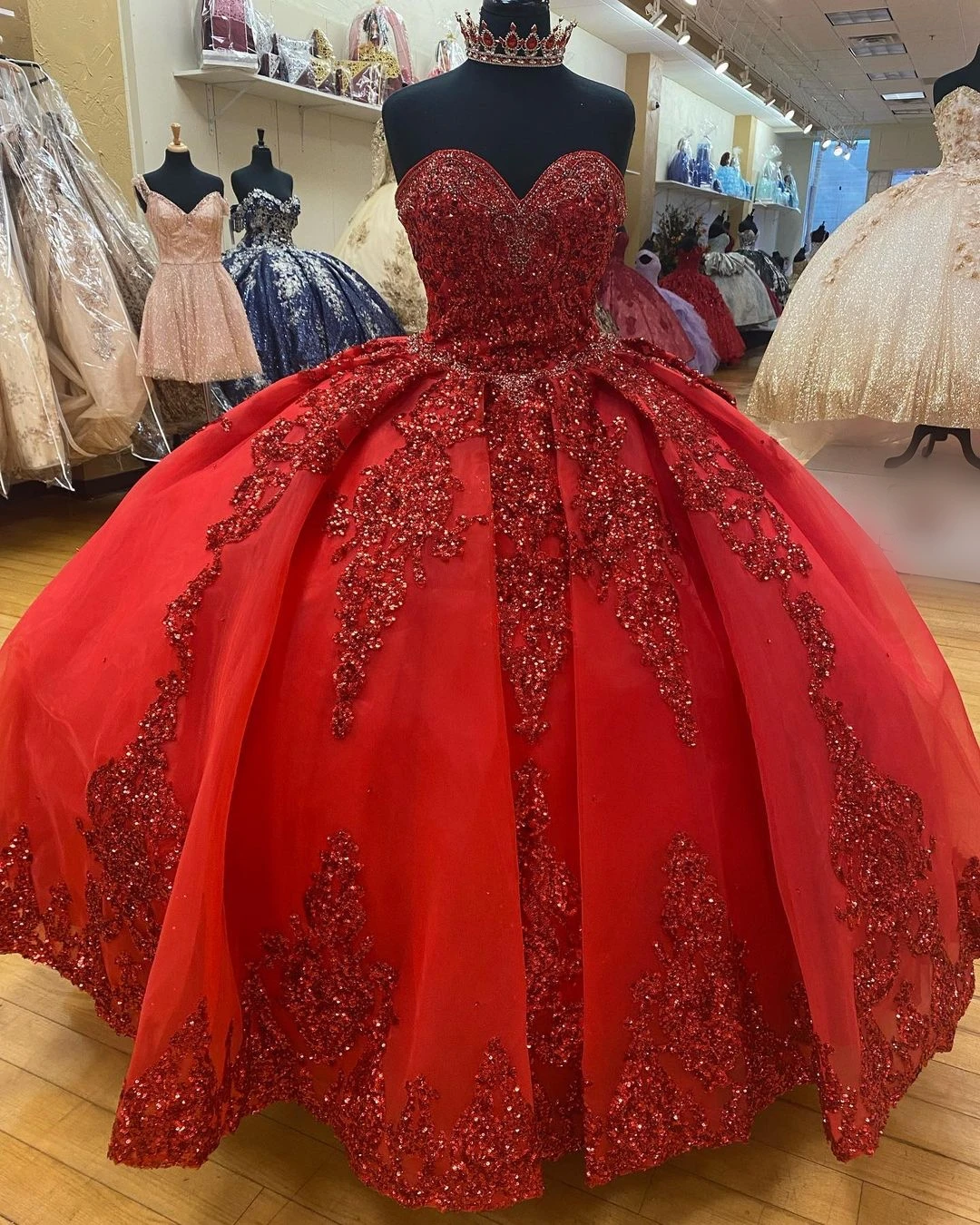 Rode Vestidos De 15 Años 2021 Puffy Ballgown Quinceanera Dress Sweet 16 Jurken Sweetheart Hals Lange Prom Gown Sequin Tulle