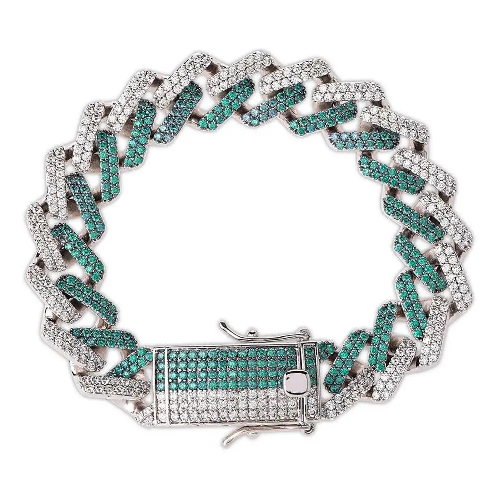 14mm Two Tone Green white AAA+ CZ Zircon Bling Ice Out Rhombus Cuban Miami Curb Link Chain Bracelets for Men Rapper Jewelry