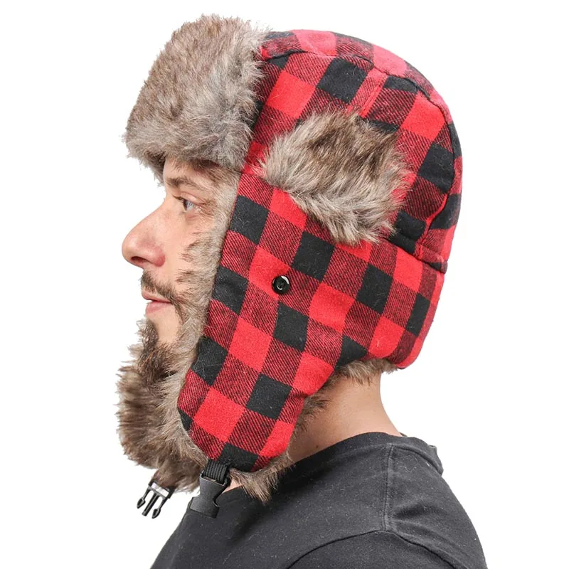 CAMOLAND Fashion Plaid Pattern Bomber Hats Women Men Soviet Badge Russia Ushanka Hat Winter Thermal Faux Fur Earflap Snow Caps