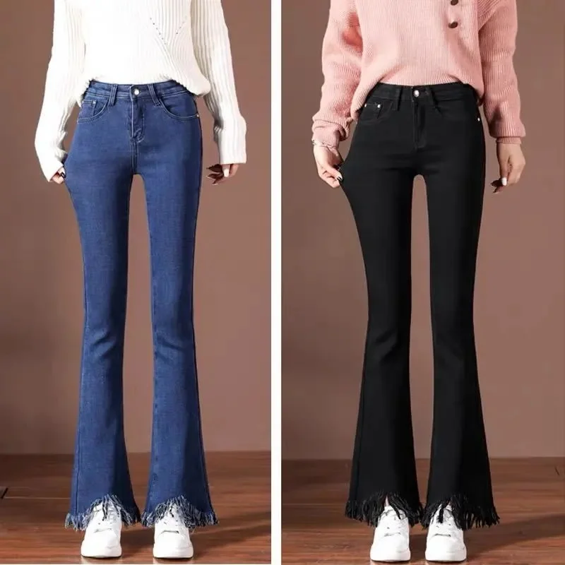 

2022 Autumn Winter New Blue Velvet Micro-Flared Jeans Women's Stretch High-Waist Split Fringed Flared Pants Thicken Warm Pants