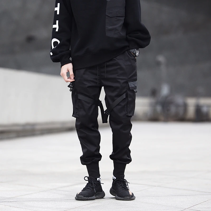 100% cotone 2023 Harem Joggers Harajuku Sweatpant uomo nastro Color Block tasche nere pantaloni Cargo pantaloni Hip Hop