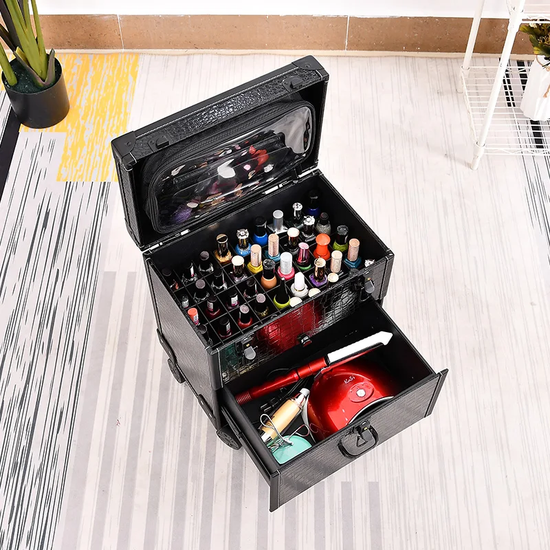 Makeup Suitcase On Wheels Vintage Cosmetology Embroidery Manicure High-capacity Rolling Luggage Professional Make Up Trolley Box