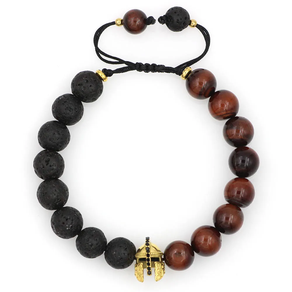 Lava Stone Beads Bracelet Stainless Steel Roman Knight Spartan Warrior Gladiator Helmet Strand Bracelets for Men Jewelry Hombres