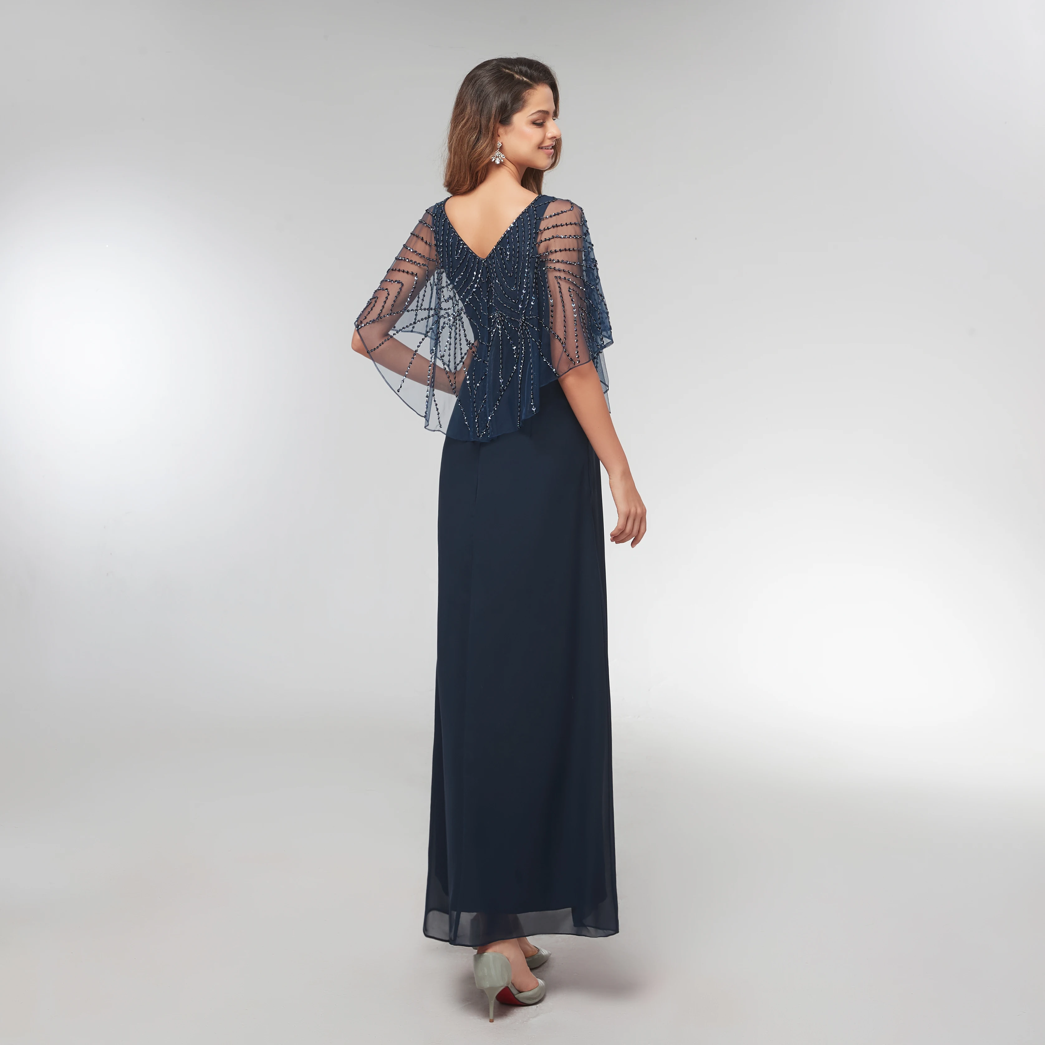 Robes mère de la mariée en mousseline de soie, bleu marine foncé, col en v, coupe A-Line, robes de soirée formelles, 2021