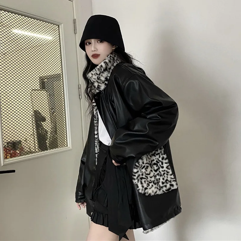 UHYTGF Leather Jacket For Woman Winter Jacket Women Streetwear Double-sided Leopard Black Leather Jacket Loose Size Outerwear916