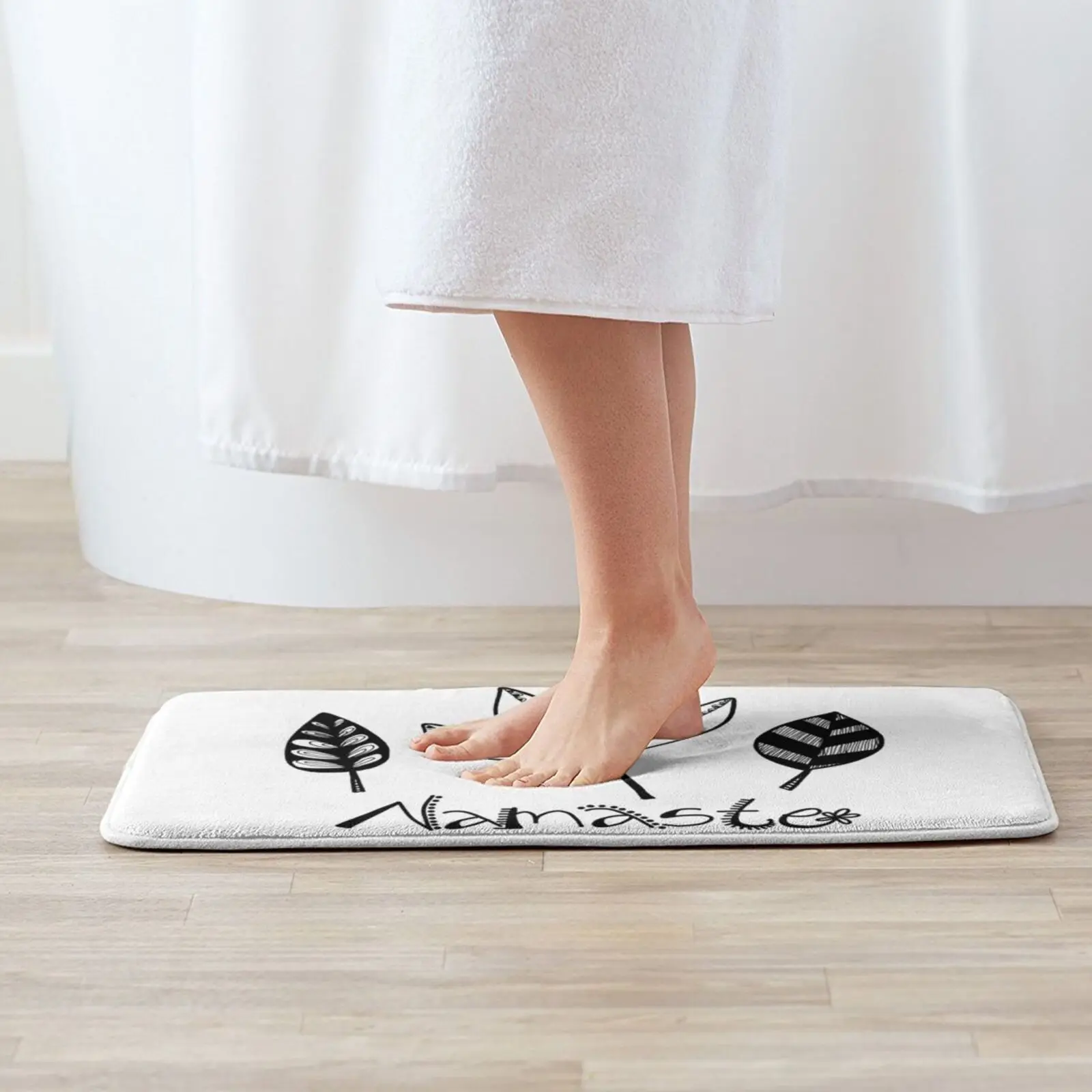 Namaste Entrance Door Mat Bath Mat Rug Namaste Yoga Meditation Hand Lettering Botanical Leaves Black And White Line Drawing