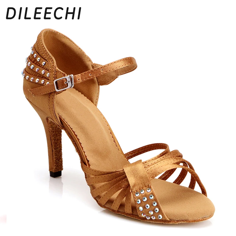 DILEECHI Latin Dance Shoes Women Bronze Black Satin Diamond Soft Bottom High-Heeled 8.5cm Salsa Party Ballroom Dancing Shoes