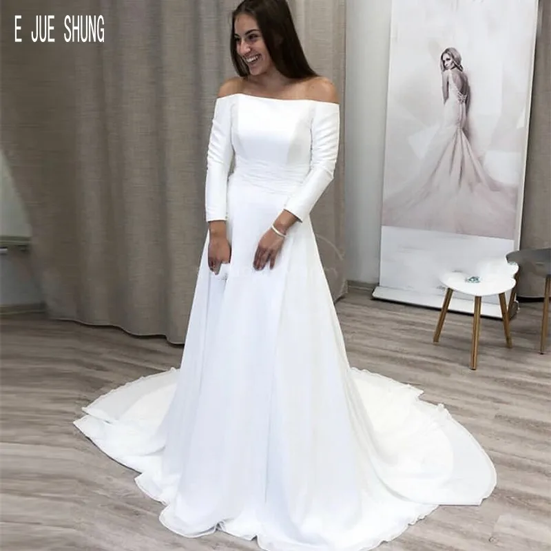 E jue shung vintage a linha branco vestidos de casamento barco pescoço mangas compridas vestido de novia simples rendas até voltar vestidos de noiva