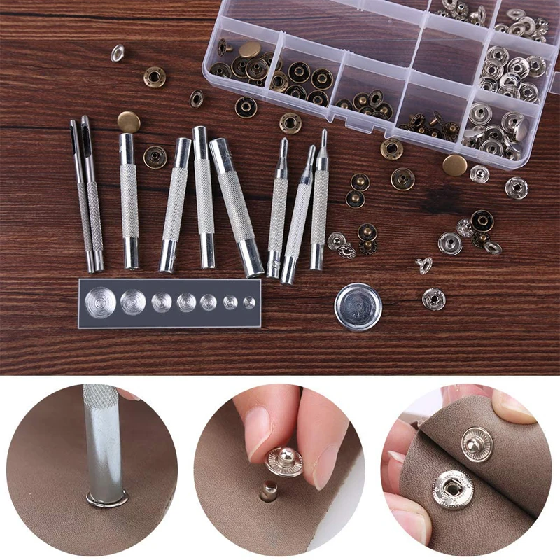 LMDZ-Leather Snap Fasteners Kit, Pressione o botão de Metal Stud, Snaps com martelo, Ferramentas de instalação, DIY Leather Craft Project