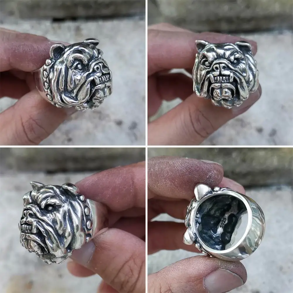 LINSION Huge Heavy 925 Sterling Silver Pitbull Bulldog Ring Mens Biker Rock Punk Ring TA12 US Size 7~15