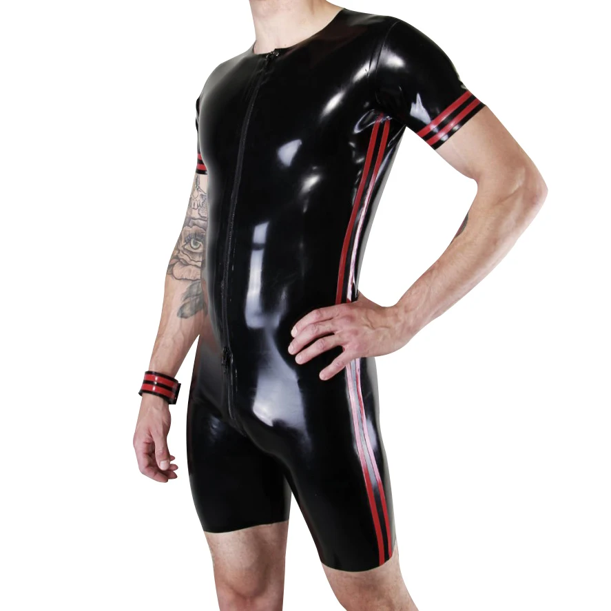 Black And Red Sexy Latex Catsuit With Stripes Zippers Front To Back Crotch Rubber Bodysuit Zentai Overall Body Suit LTY-0296