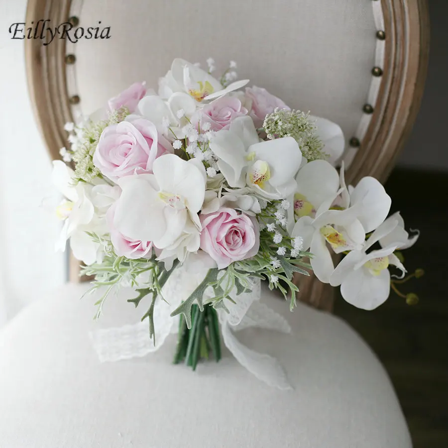 

EillyRosia Fairy White Pink Bridal Bouquet Phalaenopsis Orchid Hydrangea Simulation Water Droplet Bride Holding Flowers 2020