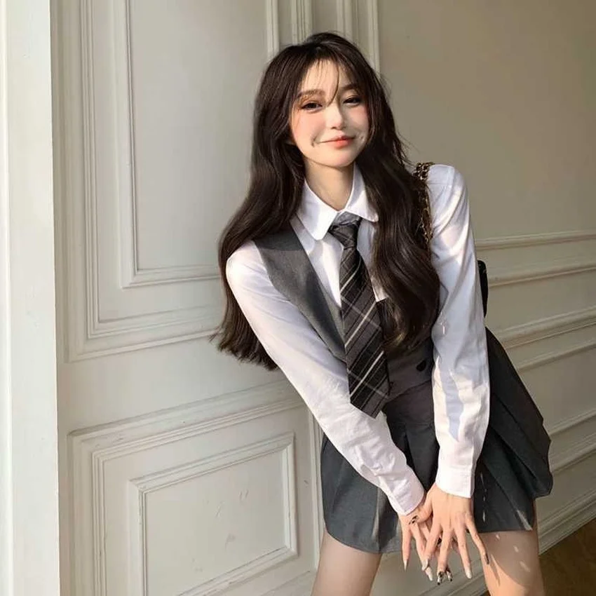 Kawaii Lady School Uniformen Casual Vest Jacket & Shirt & Plooirok & Tie Lange Mouwen School Pak Vrouwelijke College stijl Sets