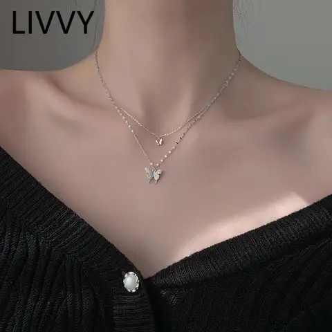 LIVVY 실버 컬러 더블 레이어 목걸이, 나비 지르콘 펜던트, 쇄골 체인, 패션 주얼리, 파티 선물