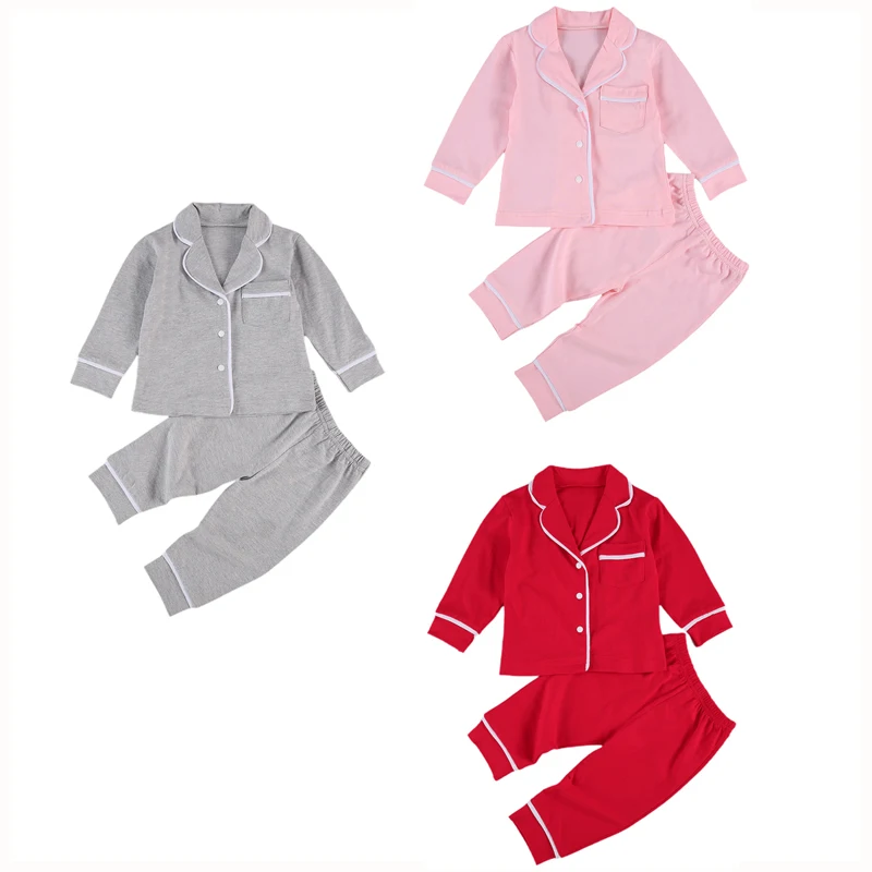 0-5Years Toddler Kids Baby Girls Boys 2Pcs 100cm Cotton Pajama Sets Long Sleeve Jacket Shirt Pants Solid Sleepwear Red Gray Pink