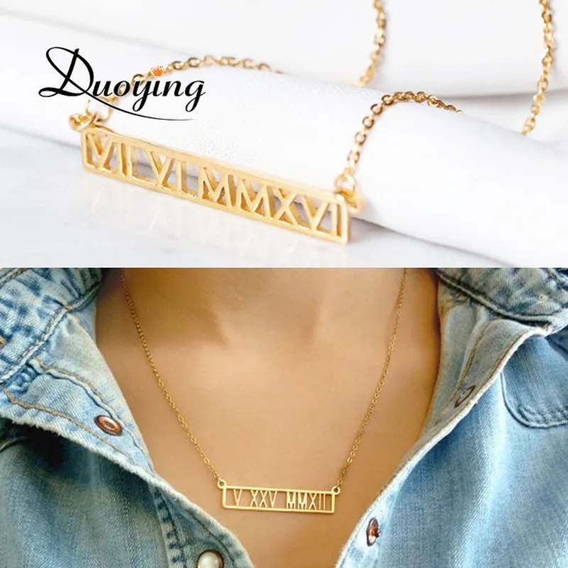 

Personalized Nameplate Necklaces Custom Roman Numeral Date Greek Letters Hollow Bar Necklace cutout necklace