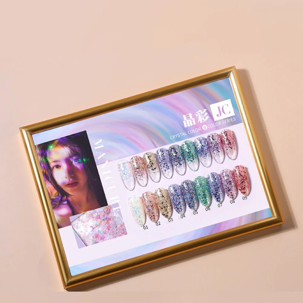 ยาทาเล็บเจลวิ้งวับ Vendeeni 15 มล. 9 สี/ชุด กลิตเตอร์ เซควินส์ เจลยูวี แอลอีดี สีสันสดใส พร้อมการ์ดสี ปราศจากสาร TPO/HEMA