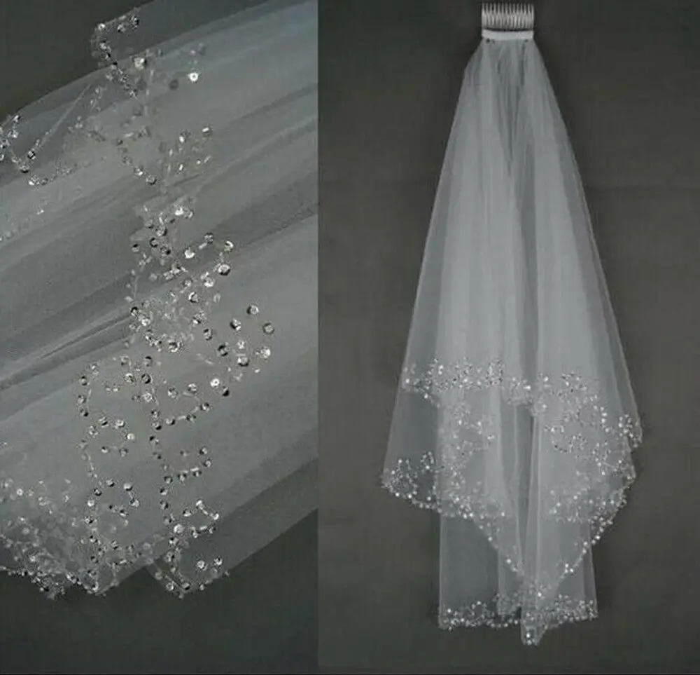 New 2 Tier White/Ivory Sequins Beaded Edge Wedding Bridal Veil With Comb