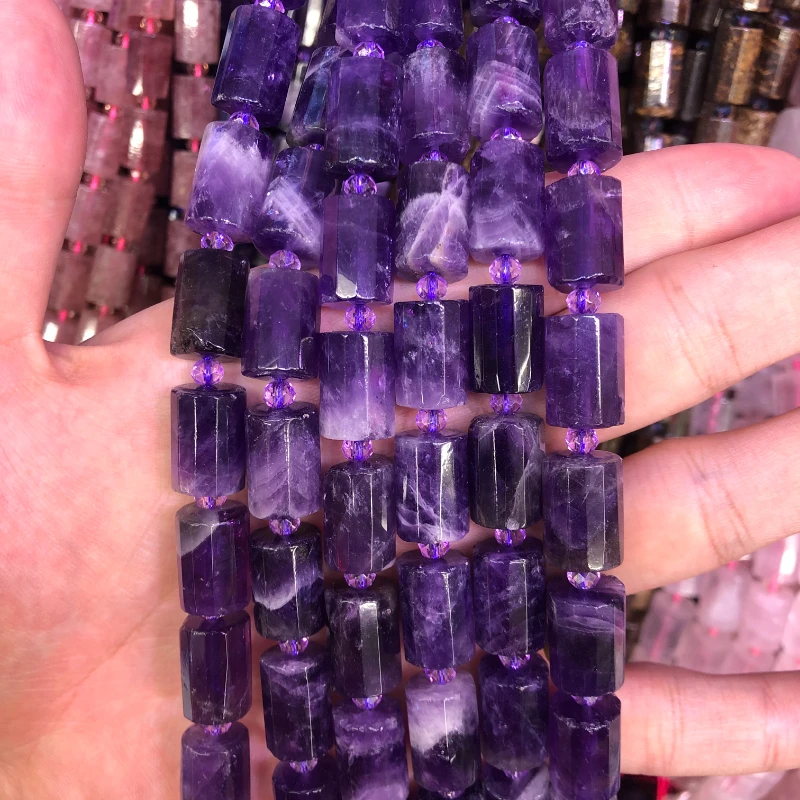 Column Shaped Natural Purple Amethysts Crystal Faceted Cylinder Spacer Tube Beads For DIY Jewelry Making MY210403