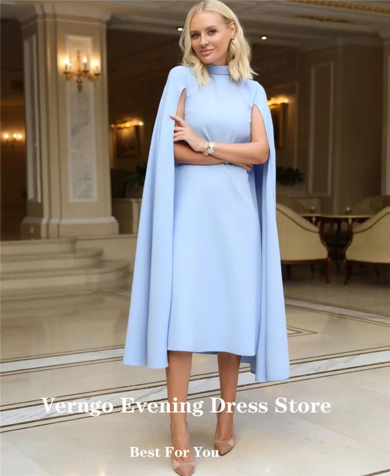 Verngo Simple White Straight Women Formal Evening Dresses High Neck With Long Cape Sleeves Tea Length Gown Women Elegant Outfit