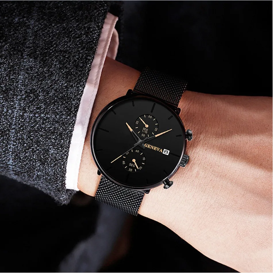 Geneva Luxury Brand Watch Men Black Watches Stainless Steel Mesh Band Auto Date Quartz Wristwatches Men Clock Relogio Masculino