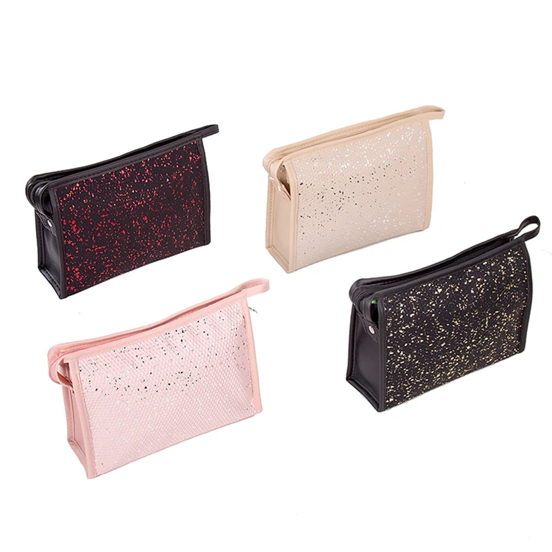 Simple Sequin PU Cosmetic Bag Travel Portable Female Large Capacity Portable Skin Care Product Wash Storage Pouch